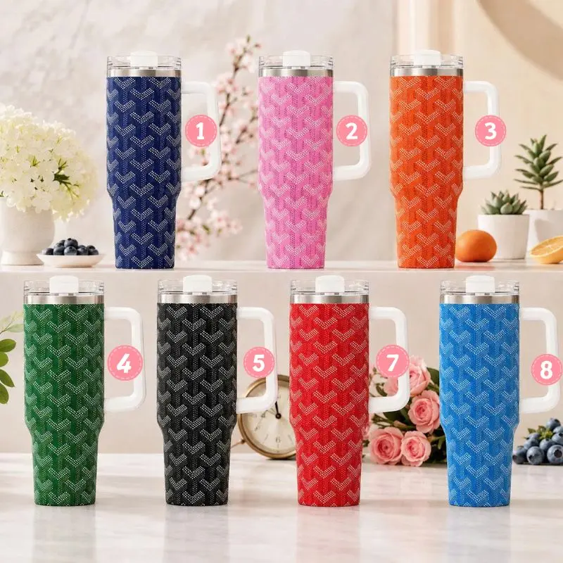 [Gift box and straw] Luxury High-End Parisian Dogtooth Print Pattern 40oz/20oz Tumbler with Handle & Straw, Stainless Steel Double Wall Vacuum Insulated Travel Mug, Luxury Chic Aesthetic Edition, Keeps Drinks Hot & Cold