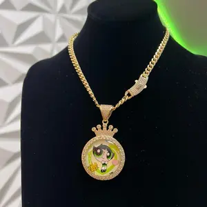 Powerfuff Girls Pendant and Necklace Set with Sparkling Charms and Gold bonded Chain