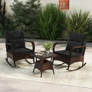 COSTWAY - 3 Pieces Outdoor Rocking Chair Set with Tempered Glass Coffee Table Black