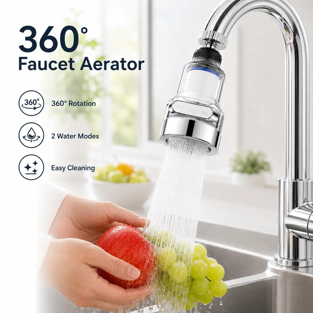 2 Count, 360° Rotating Faucet Aerator Filter 6-Layer Filtration 3 Water Modes Splash-Free for Kitchen Sink Fruit Vegetable Cleaning - MM2