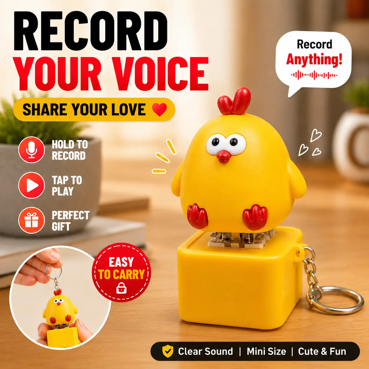 Cute Recordable Voice Recorder Keychain, Mini Talking Yellow Chick, Long Press to Record & One-Click Playback, Funny Sound Button Toy, Personalized Voice Message Gift for Boyfriend, Girlfriend, Kids, Friends, Birthday, Valentine's Day, Christmas