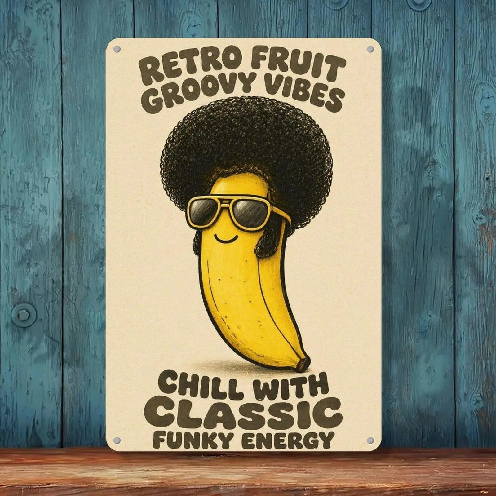 8x12in Retro Afro Banana With Sunglasses Cartoon Iron Tin Sign - 70s Hippie Groovy Vibes Fruit Themed Wall Decor, Home Supplies for Kitchen Fruit Lovers Hanging Art