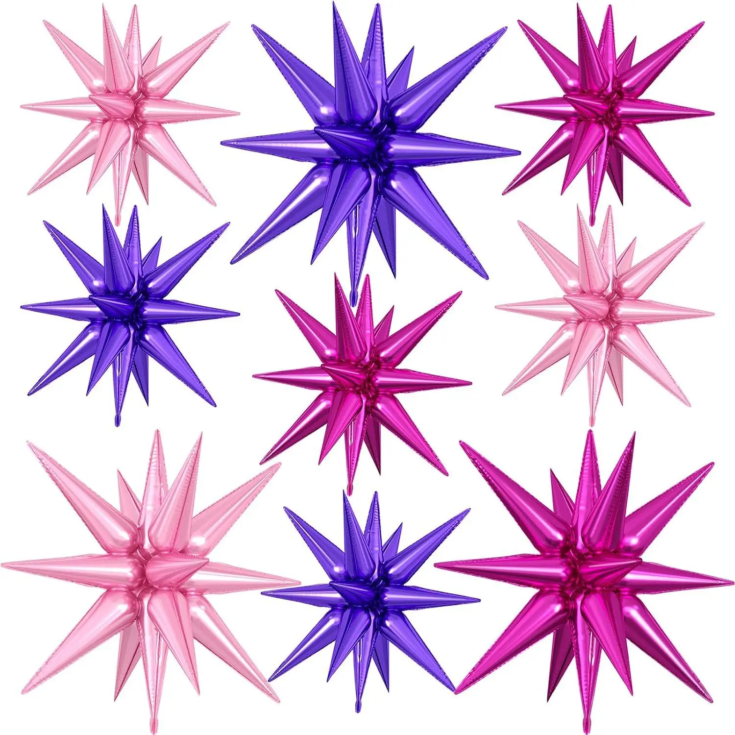 9Pcs Purple Pink Star Balloons, Large Explosion Foil Balloons, Metallic Mylar Spike Balloon For Birthday Baby Shower Wedding Disco Party Supplies, 3 Pcs 27Inch & 6 Pcs 22Inch