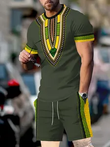 Men's African Ethnic Style Dashiki Print Two-Piece Set, Traditional Tribal Totem Short Sleeve Shorts Set, Travel/resort/daily Wear