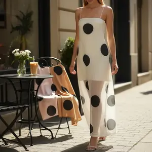 Polka Dot Flowy Maxi Dress For Women Sleeveless Sweet Girly Style Perfect For Everyday Wear Polyester Fabric Long Suspender Skirt Spring 2026