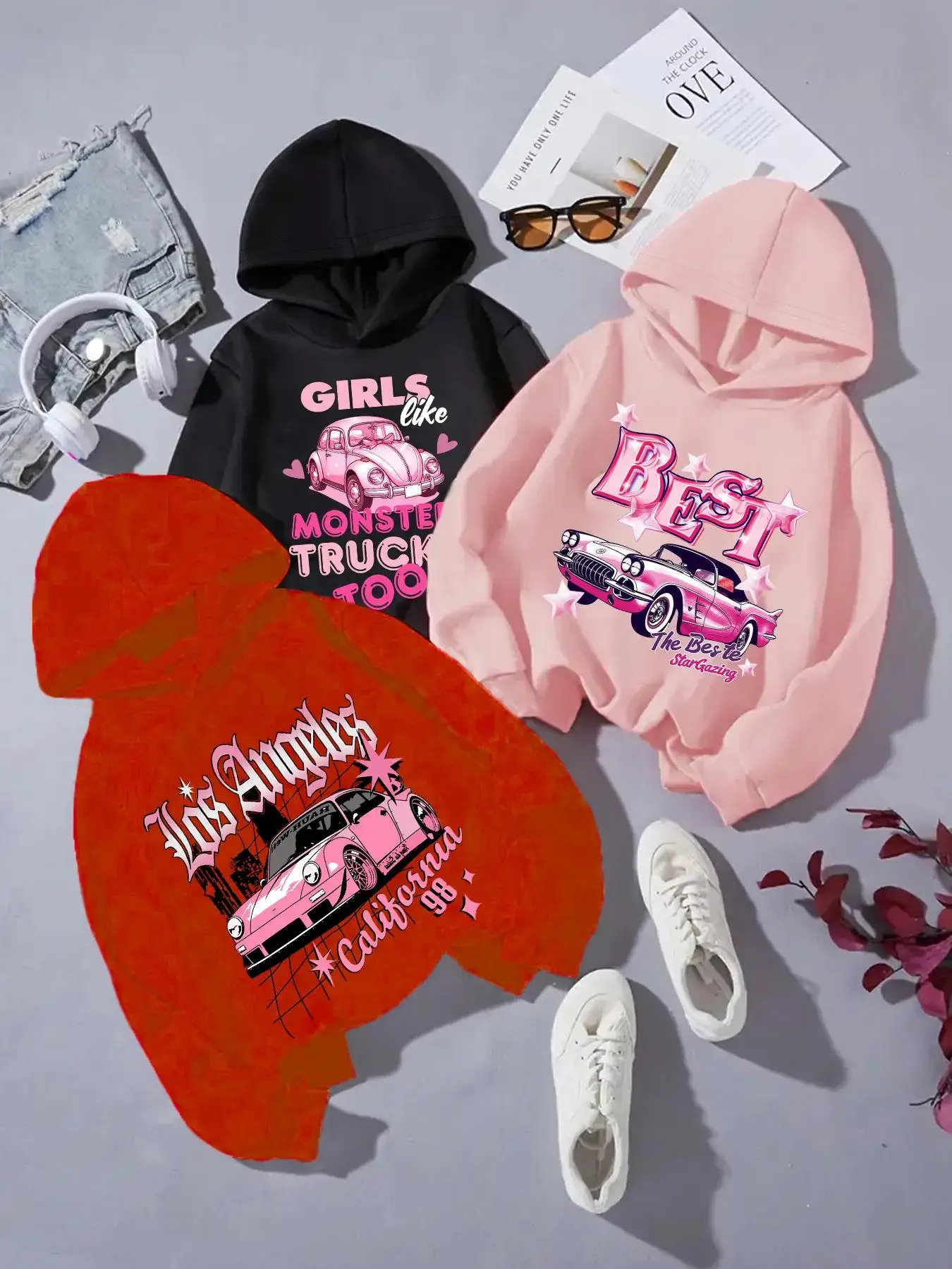 Girl's Car & Letter Print Hoodie, Casual Long Sleeve Hooded Sweatshirt for Fall & Winter, Graphic Hoodie, Kids Clothes for Daily Wear
