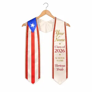 Personalized Puerto Rico Flag Graduation Stole - Class of 2026 Custom Name Graduation Sash - Boricua Pride Elegant Gold Lettering Sash - Puerto Rican Graduate Gift