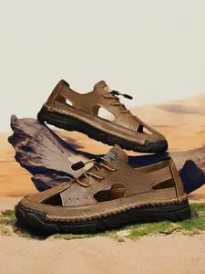 Men's Solid Color Hand-Stitched Closed-Toe Sandals Drawstring Soft Sole Water Shoes Breathable Slip-On Outdoor Beach Shoes