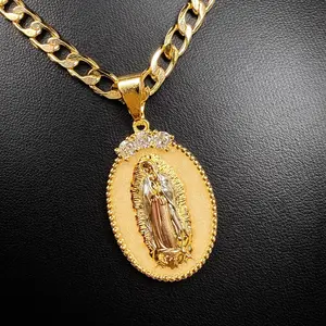 14K Gold Plated Guadalupe Pendant Oval Figaro Rope Cuban Link Chain Necklace - Brass Cubic Zircon Material - Religious Piece