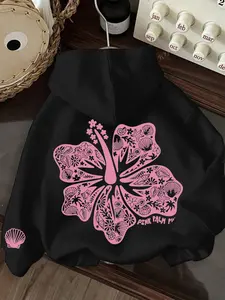 Women's Fashion Hooded Sweatshirt, Floral Coconut Tree Print, Loose Fit, Thick Fabric, Fall & Winter Streetwear, Korean Style