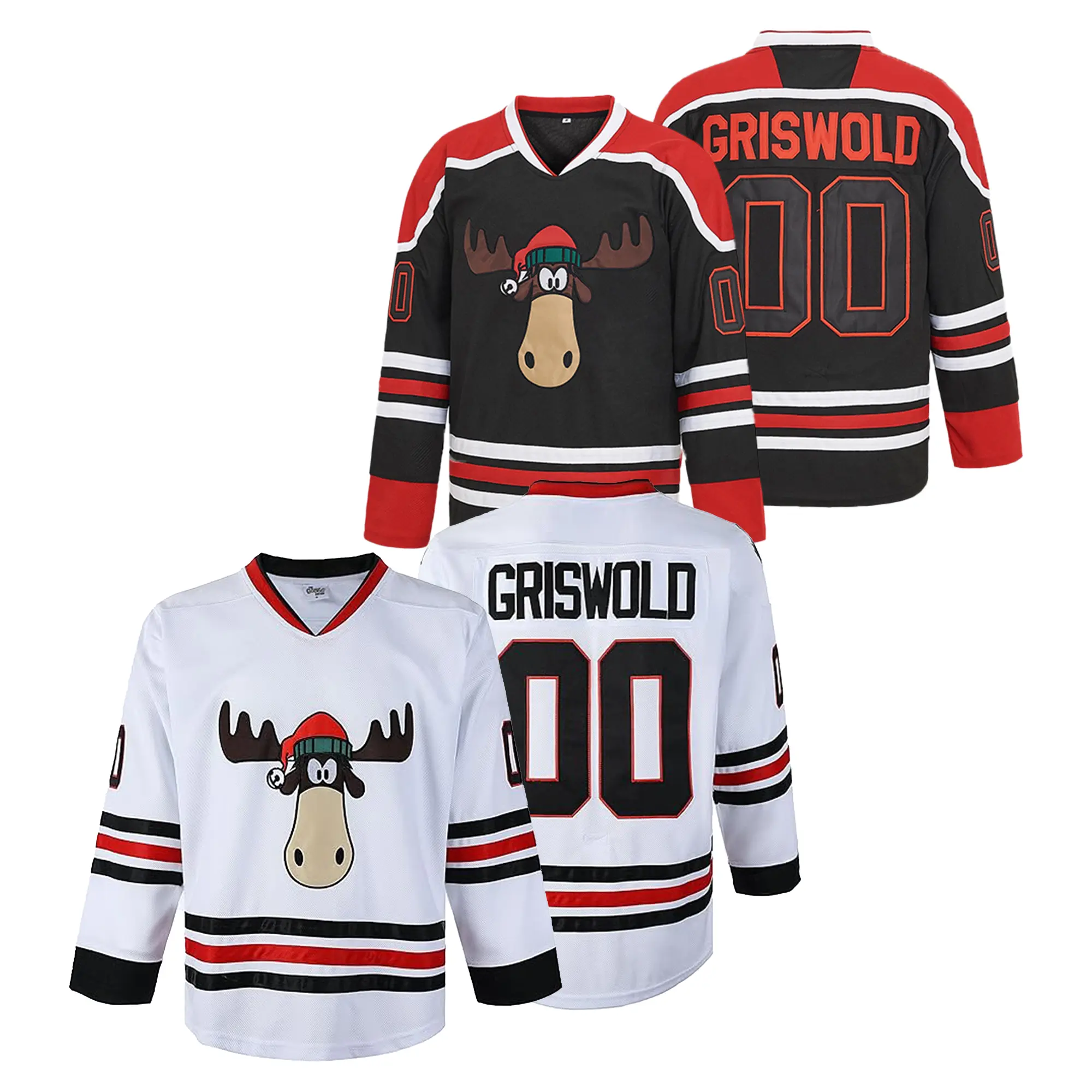 Men's Griswold Christmas Movie Sporty Long-Sleeve Pullover White\Black Hockey Jersey - Embroidered Reindeer Design, Sports Outerwear Uniform, Sporty Sports Outerwear