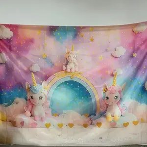 2D flat banner 1pcsstarry  Rainbow Unicorn Party Backdrop, Happy Birthday Decoration Background, Cute Sweety Theme Party Supplies Outdoor Indoor Photo Banne BannerGraduate Party Decor Props Outdoor Door Portrait Photography Studio Professional Backdrops