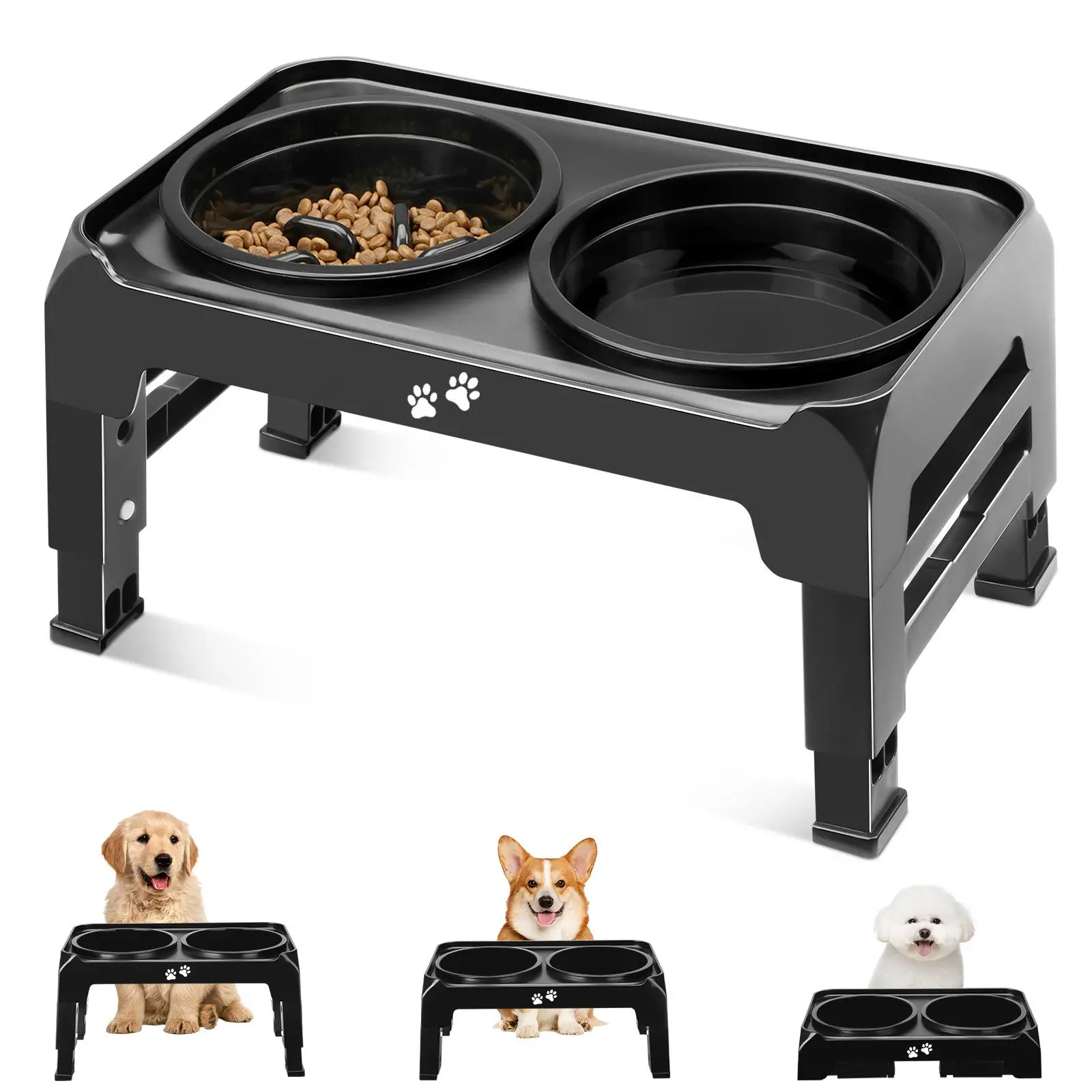 Elevated Dog Bowl, 2 in 1 Slow Feeder Dog Food Bowl for Small Dogs, 3 Height Adjustable Increased Dog Bowl Holder, Anti-slip Dog Feeder Adjustable To