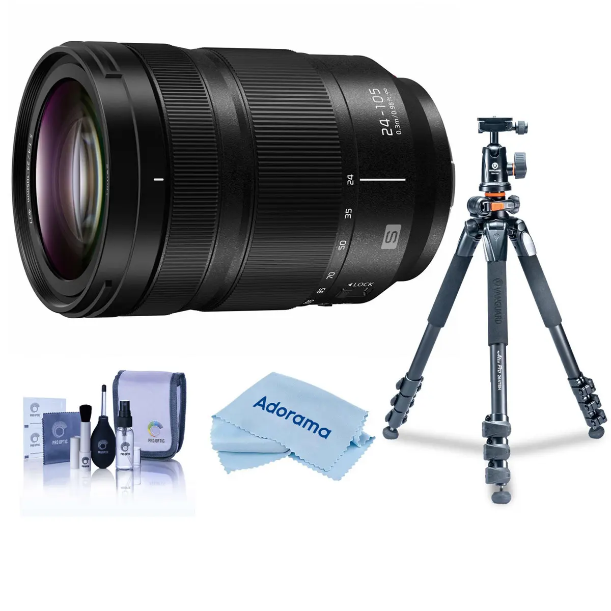 Panasonic LUMIX S 24-105mm f/4 O.I.S. Lens for L Mount, Bundle with Takama 3-Section Aluminum Video Tripod with Fluid Head, Cleaning Kit, Cleaning Cloth