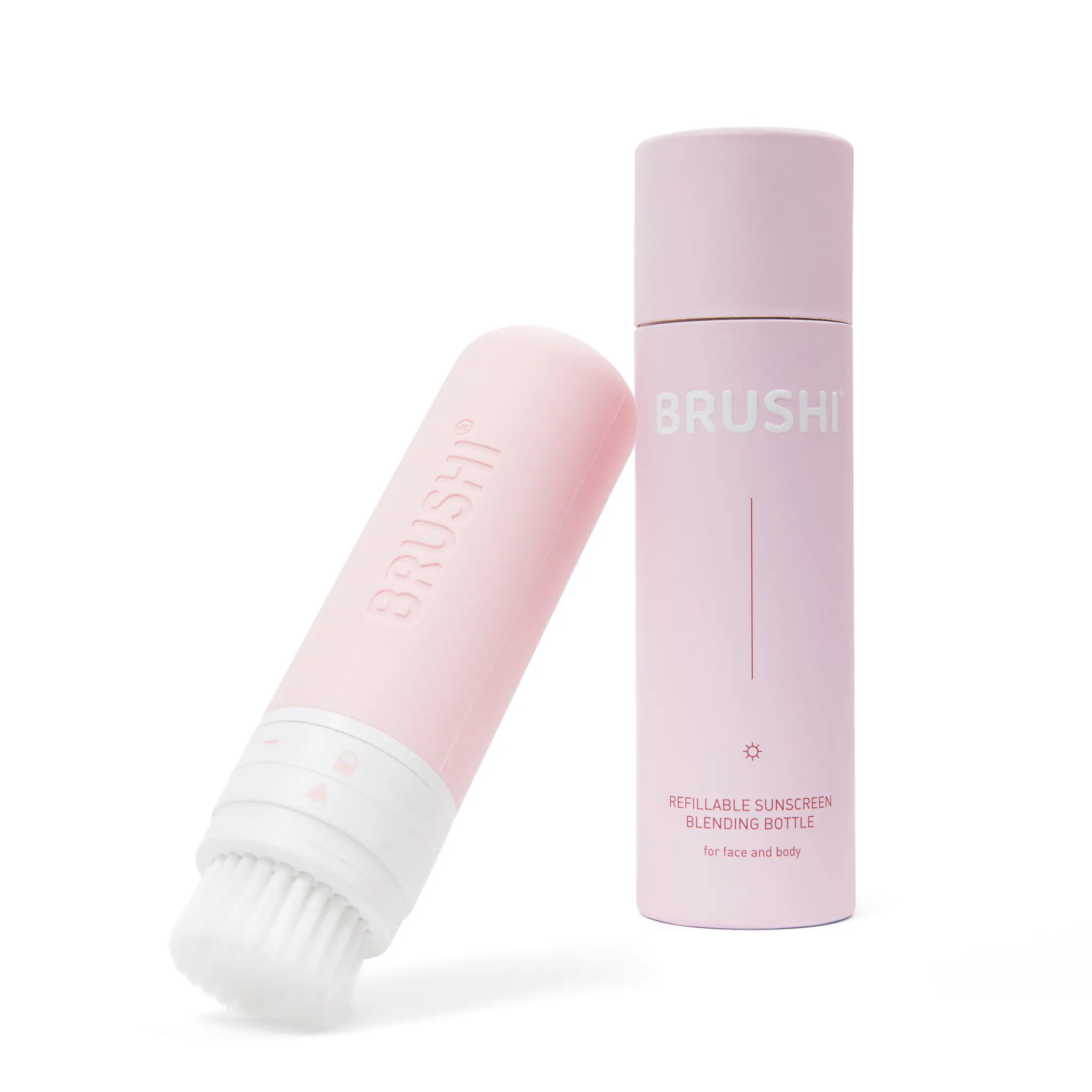 BRUSHI - GO PINK! - The First Refillable Sunscreen Applicator - 2-in-1 Bottle & Brush Tool, The Only Applicator with Soft Blending Bristles, Squeezey Silicone Bottle for Mess-Free Sunscreen Application. Patent No. US117824302B1