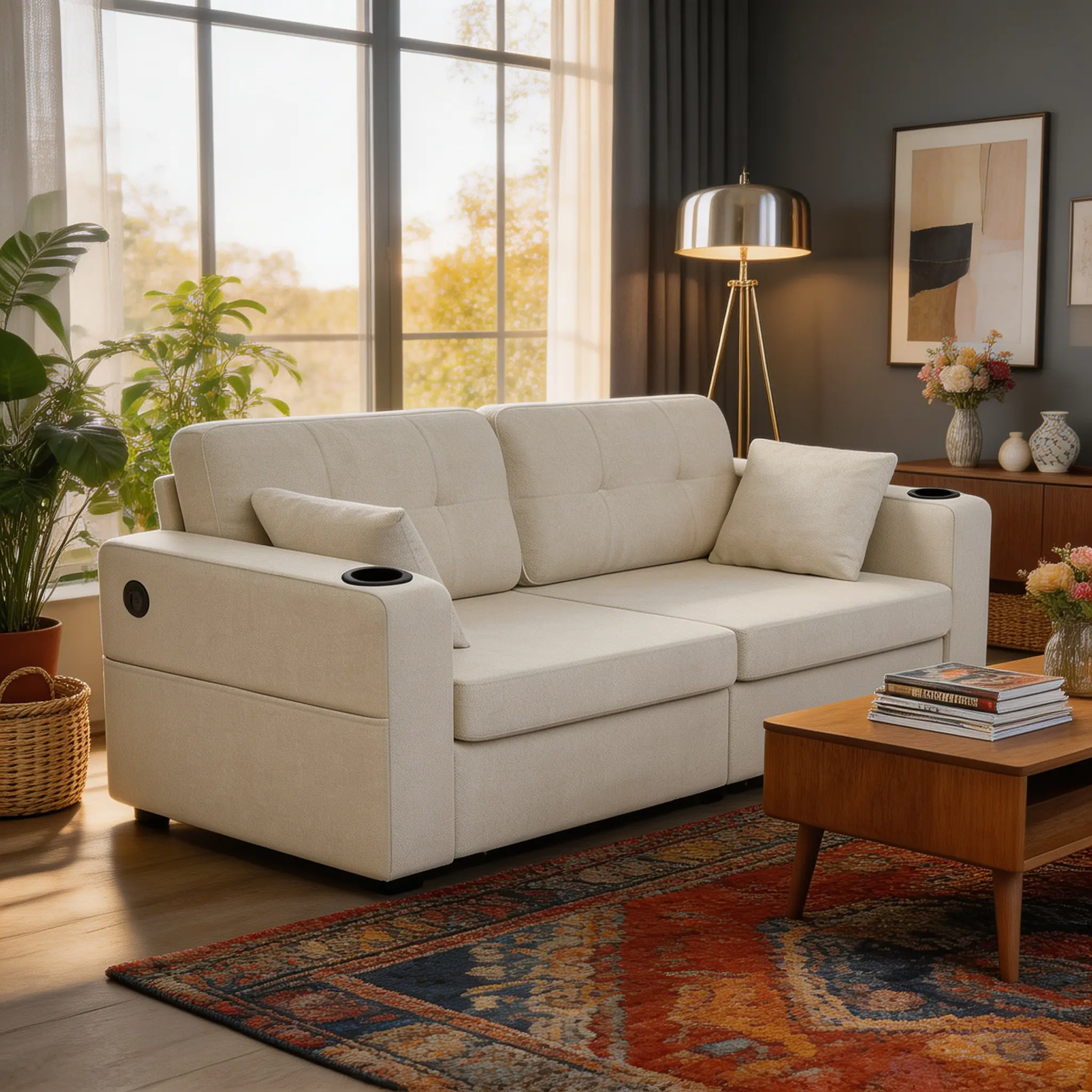 3-Seat High Back Chenille Sectional Couch with USB Charging Ports, Storage Arms, Cup Holder, Wood Frame, Quick Setup, Modern Indoor Furniture for Living Room & Apartment