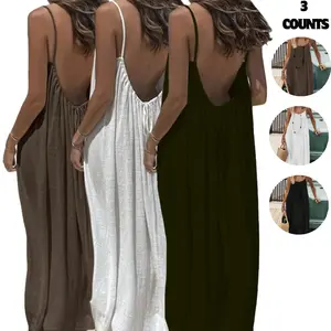 【Limited time deal】Women's Solid Color Backless Cami Dress, Casual Sleeveless Dress for Summer, Ladies Clothes for Beach Holiday Vacation