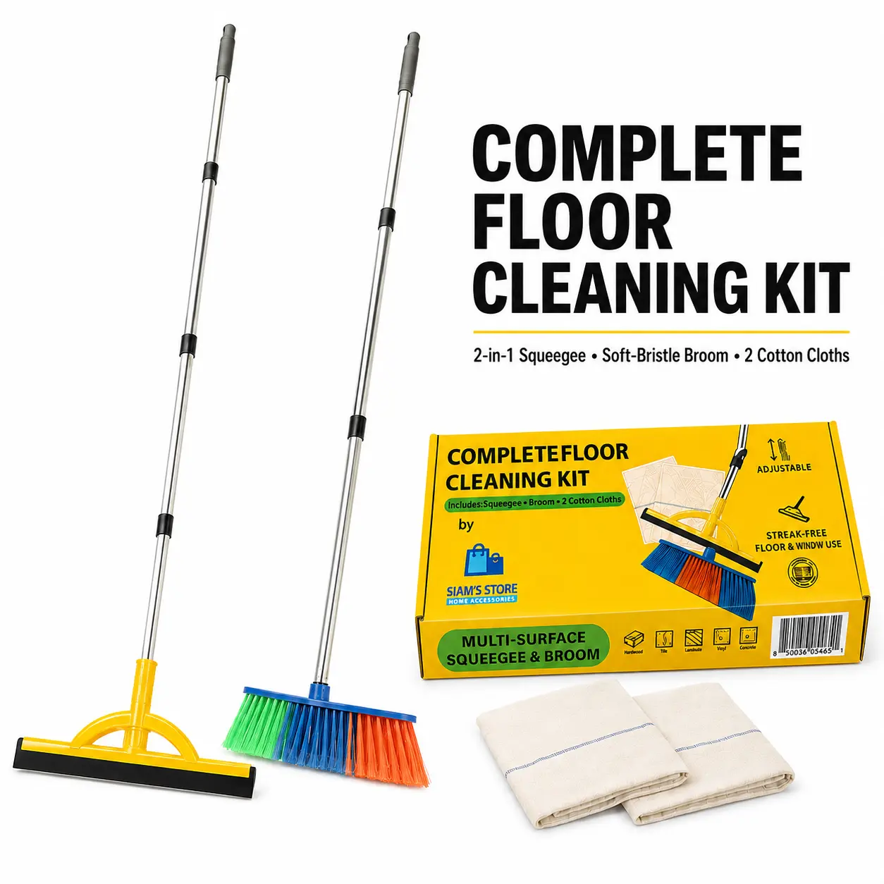 Complete Cleaning Kit with Squeegee Head 2 Handle Sets 2 Cotton Cloths & Broom Head for Efficient Home Maintenance