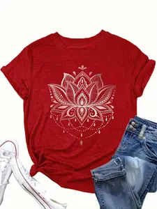 【Plus Size】 Lotus Floral Graphic Tee, Boho Casual Fit Crew Neck Short Sleeve Lightweight T-shirt Top Fitted for Everyday Daily Holiday Vacation Wear, Women Clothing for All Seasons