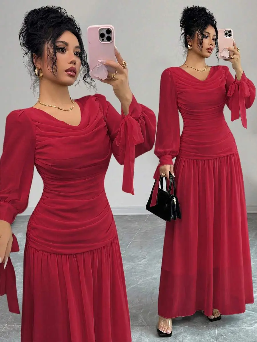 Women's Chiffon Dress,Dark Red,Winter,Date,Ruffle Collar,Lantern Sleeve,Tie Waist,Suitable For Halloween,Christmas,Cocktail Parties,Weddings