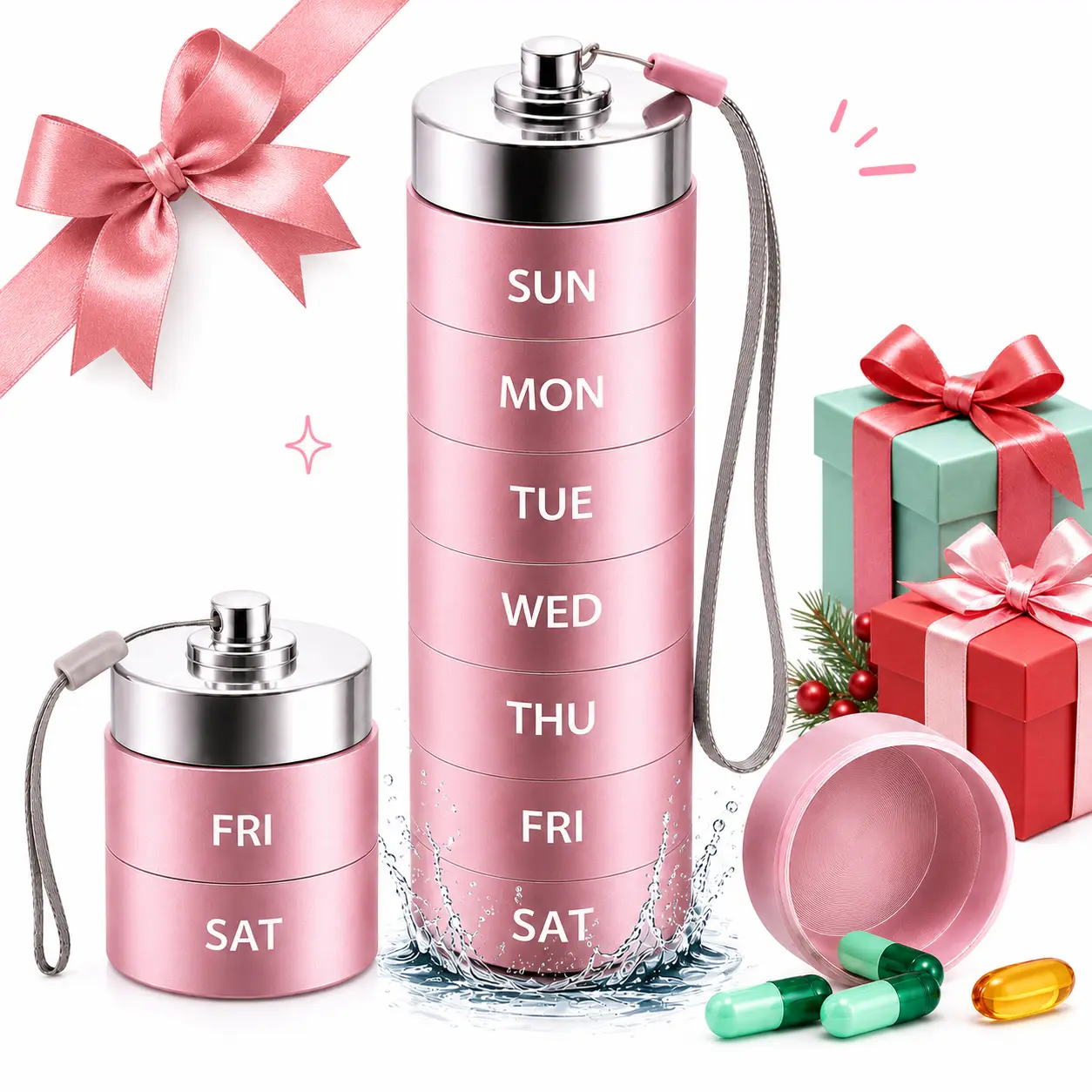 Metal Travel Pill Organizer - BPA-Free 7-Day Waterproof Weekly Aluminum Pill Case, Large Capacity 4 Times A Day Healthcare Container for Elderly Chronic Patients Vitamins & Supplements (Stackable Portable Daily Medication Organizer)