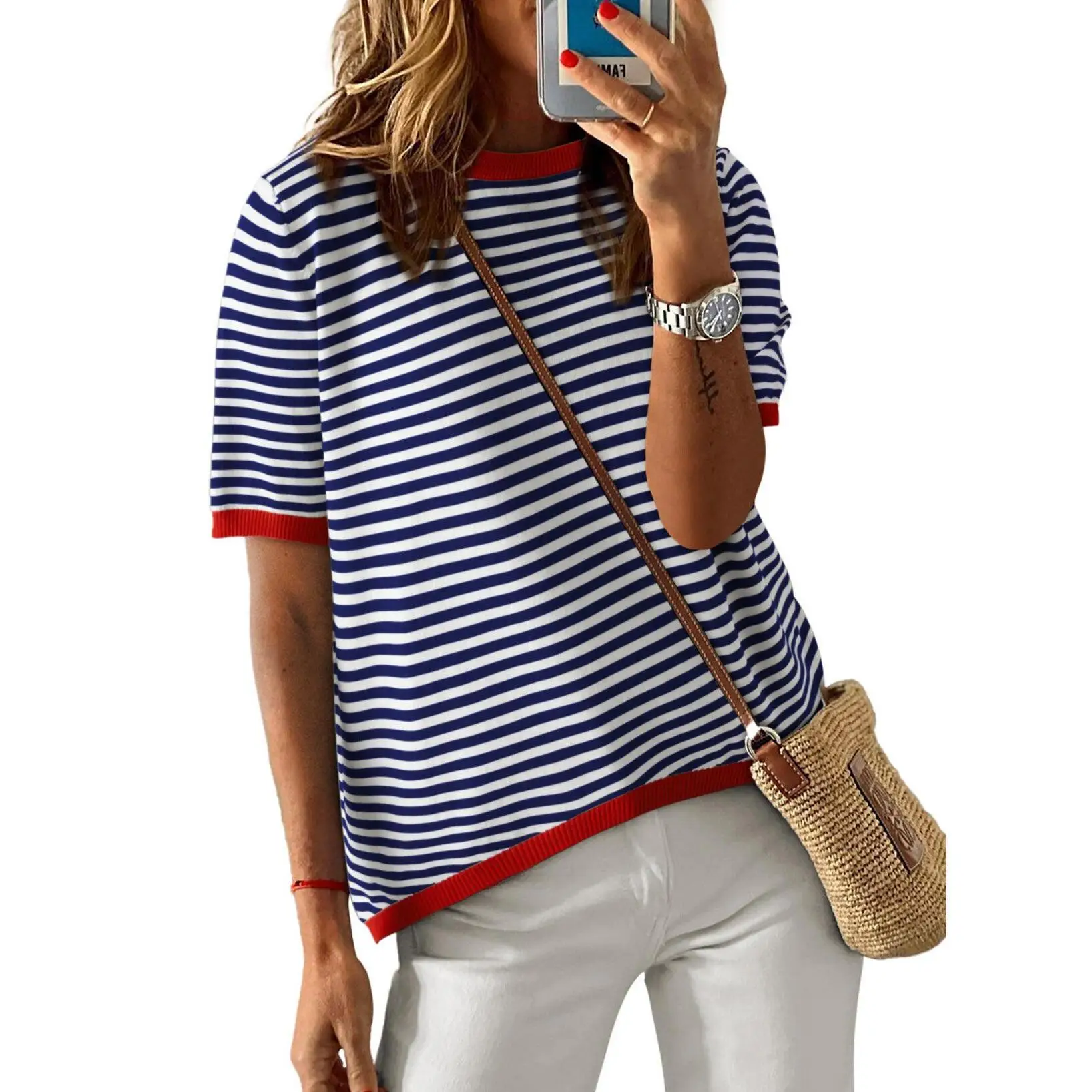 Dokotoo Womens Tops Casual Summer Crewneck Short Sleeve Striped Color Block Knit High Low Trendy Pullover Sweaters