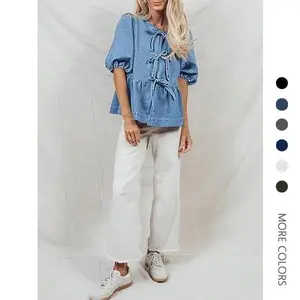 Danedvi Womens Denim Tie Front Tops Babydoll Peplum Puff Sleeve Jean Shirts Crew Neck Summer Casual Bow Blouses