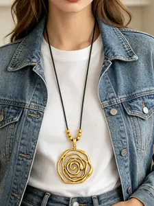 1pc Gold & Silver Color Boho Necklace for Women,Large Rose Flower Spiral Vortex Symbol Pendant Necklaces,Adjustable Beads Long Sweater Chain,Vintage Style 35 Inch Wax Rope Necklace Jewelry,Party Gift for Women