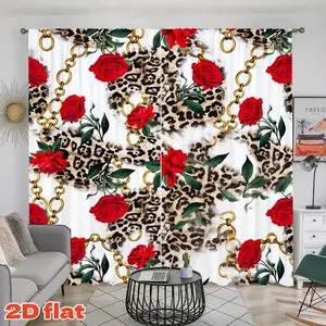2D Flat 2Pcs Leopard Print & Golden Chain Design Curtains, Red Roses Pattern Drapes, Semi Sunshade Polyester Fiber Panels, Rod Pocket Style Window Decor for Living Room, Bedroom, Dining, Hotel, Office, Cafe, Anti-Privacy Home Treatm