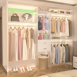 8FT Wall Mounted Closet System with 3 Shelving Towers and 3 Hanging Rod,96'' Hanging Walk In Closet Organizer System with 2 Wooden Drawers,Hangable