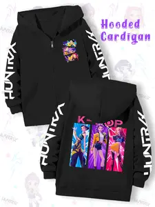 Girls K-Pop Demon Hunters Korean Series Cartoon Print Jacket, Comfortable Fashion Casual Outerwear, Fall & Winter Zip Graphic Print Hoodie