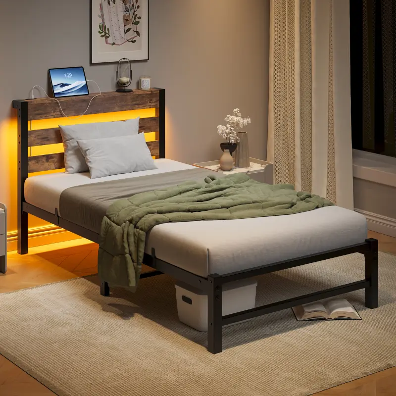 Twin Size Bed Frame Heavy Duty Metal Platform Bed Frame with Headboard, USB Charging Station, LED Bed, No Box Spring Needed, Mattress Foundation, Strong Steel Slats, Noise Free, Brown
