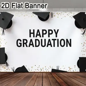 2D flat banner, 1pcHappy Graduation Backdrop - Black Graduation Caps & Gold Confetti Party Decor, Graduation Celebration Photo Prop, Graduation Party Banner for High School/College Graduation Events