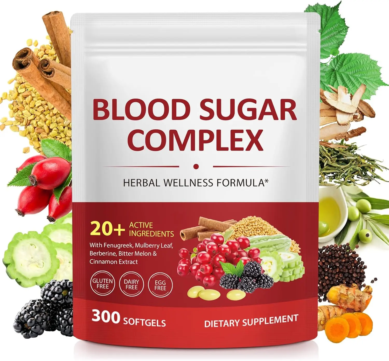 Blood Sugar Complex 300 Softgels with Berberine, Ceylon Cinnamon and Bitter Melon for Energy and Vitality Support - 20+ Active Herbs & Vitamins for Healthy Blood Sugar Levels - Clean Formula Supplement