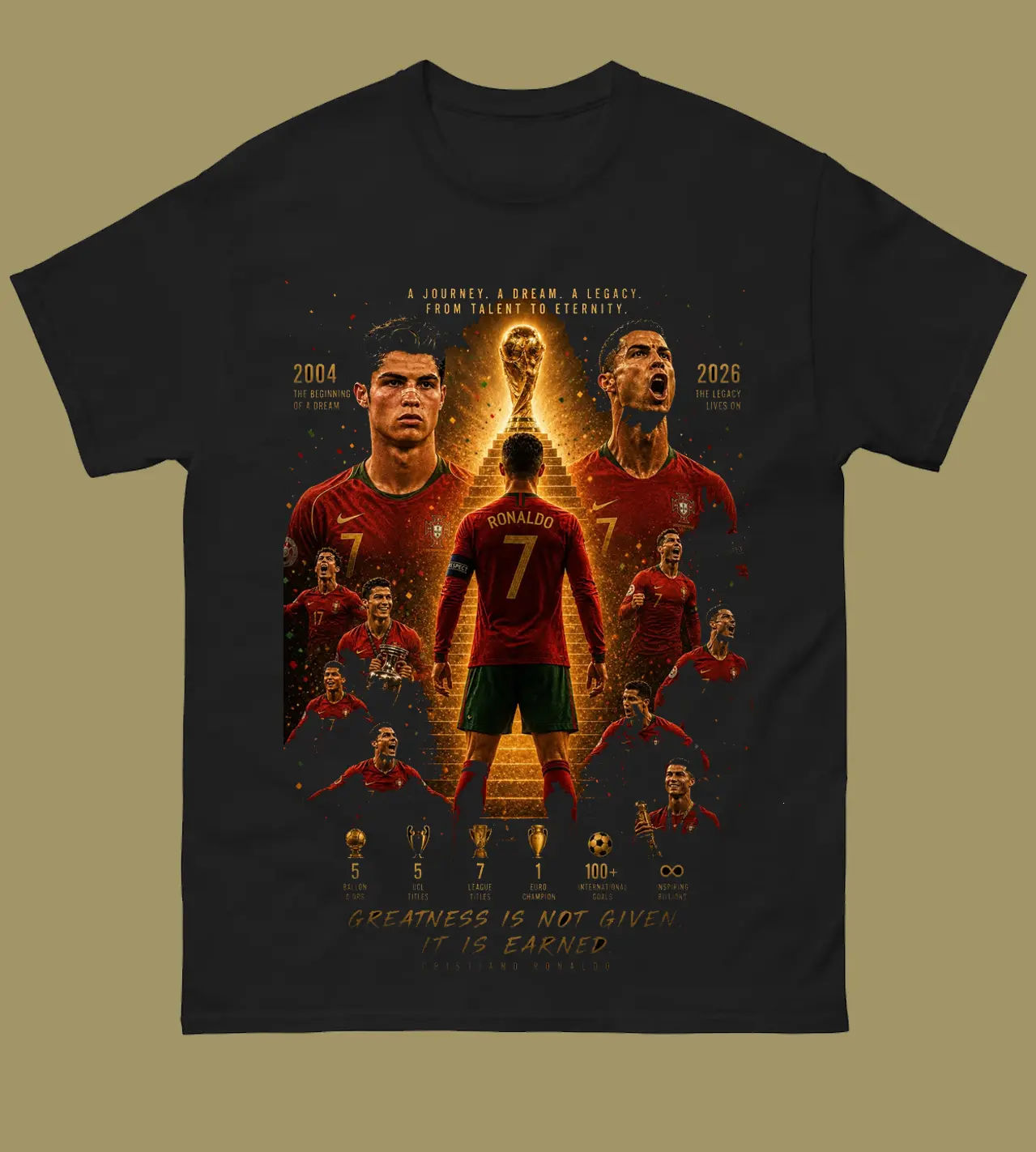 Cristiano Ronaldo T-Shirt, Portugal Soccer Graphic Tee, Gold Stairway Greatness Earned Streetwear, Retro Sports Fan Gift for Boyfriend