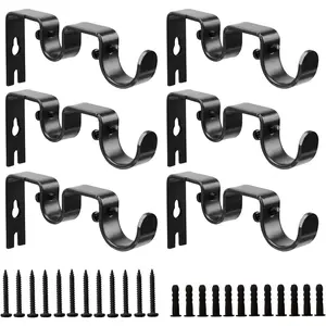 Double Curtain Rod Bracket,6 Pack Metal Curtain Rod Holders for Wall,Sturdy Curtain Rod Brackets for 1 Inch Curtain Rod,Black Wall Mounted Curtain Rod Hooks for Bedroom Living Room Patio