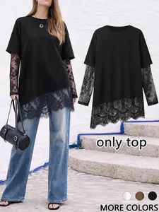 Women's Lace Patchwork Crew Neck T-shirt, Top, Long Sleeve, Asymmetric Hem, Soft Breathable Fabric, Casual Daily & Street Style Wear, 1 Piece