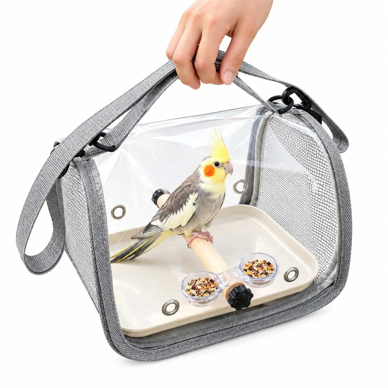 Portable Small Bird Travel Bag, Breathable Mesh Bird Carrier with Clear Window, Wooden Perch, Feeding Bowl, Removable Tray and Adjustable Shoulder Strap for Cockatiels, Parakeets and Lovebirds