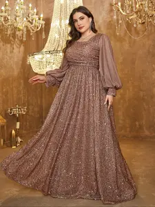 【Plus Size】 Glitter Sequins Party Dress, Embellished Dress, Elegant Long Sleeve V Neck Dress for Evening Party, Women's Plus Clothing for Special Occasions, Womenswear