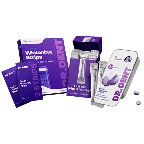 DR.DENT The Purple Routine - 3-Step Purple Whitening Routine - Strips [7 Sessions] + Mouthwash [20 Uses] + Toothpaste Tablets [90 Tablets] - Peroxide-Free, Fluoride-Free, Vegan