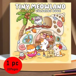Bold & Easy Cute Kawaii Tiny Meowland Cozy Cat Coloring Book for Kids & Adults, 22 Coloring Pages on 120gsm Thick No Bleed Paper, Odorless Glue Binding, Stress Relief Easy Coloring for All Ages
