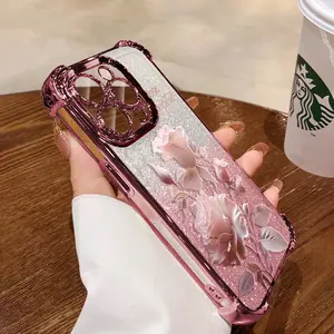 Dusty Pink Rose Pattern Women's Phone Case for iPhone 11/12/13/14/15/16 Pro Max,14/15/16/17  Plus. Features a silver chrome alloy frame,  reinforced corner protection, and full-body drop-resistant design.