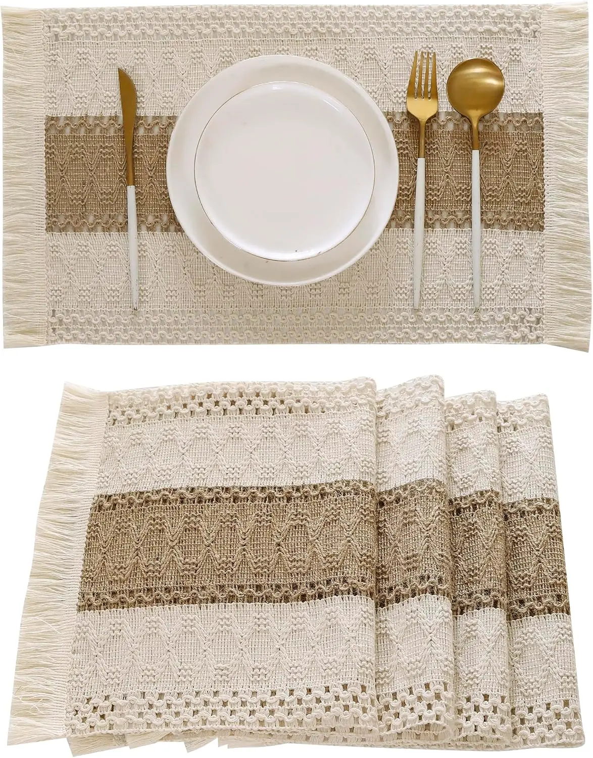 Boho Placemats Set of 4 with Fringe Khaki Cream Macrame Table Decor,Farmhouse Style,Natural Cotton Burlap,for Kitchen and Dining Table Centerpiece Home Decorations