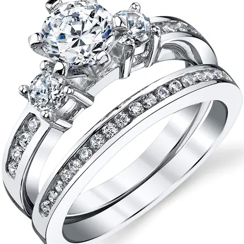 Women's Affordable 2pc Engagement & Wedding Ring Set - Sterling Silver Channel-Set Cubic-Zirconia 1.15Ct TCW Artificial Gemstone Rings for Anniversary, Birthday Gifting