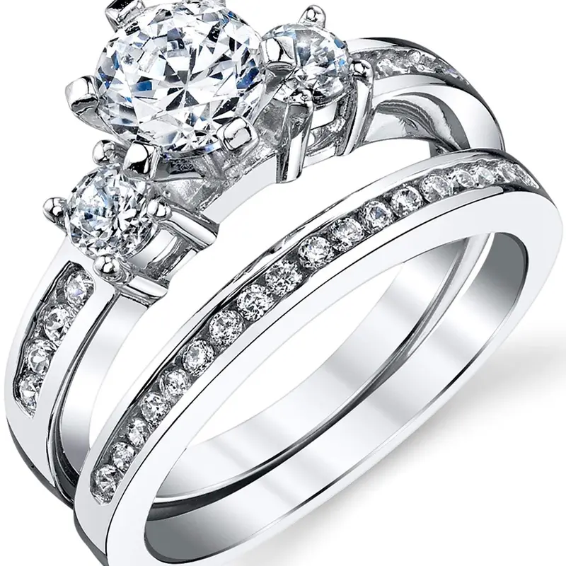 Women's Affordable 2pc Engagement & Wedding Ring Set - Sterling Silver Channel-Set Cubic-Zirconia 1.15Ct TCW Artificial Gemstone Rings for Anniversary, Birthday Gifting