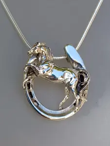 Horseshoe and Rearing Horse Sterling Silver Necklace Pendant and Chain Design by Beverly Zimmer Forge Hill Sculpture