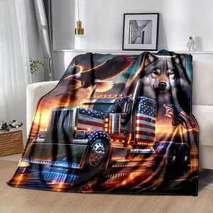 Cozy Eagle & Wolf Truck Flannel Blanket - Soft, Warm, Reversible, Machine Washable for Bed, Sofa, Camping (Multiple Sizes)