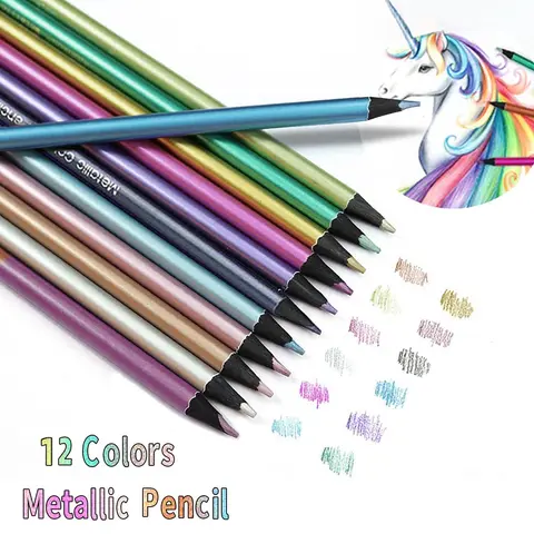 12 Color Metallic Pencil Set, 12pcs/set Portable Metallic Colored Pencil, Wooden Color Pencil for Drawing, Sketching, DIY Art Supplies for School, Metallic Shine, Artist Pencil Set, Art Crafting Kit, Art Kits, Drawing Tools, Coloring Pencils