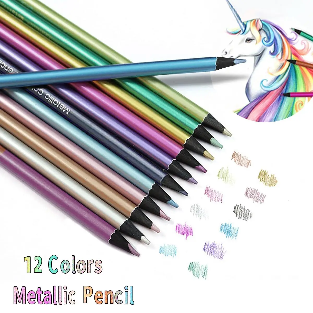 12 Color Metallic Pencil Set, 12pcs/set Portable Metallic Colored Pencil, Wooden Color Pencil for Drawing, Sketching, DIY Art Supplies for School