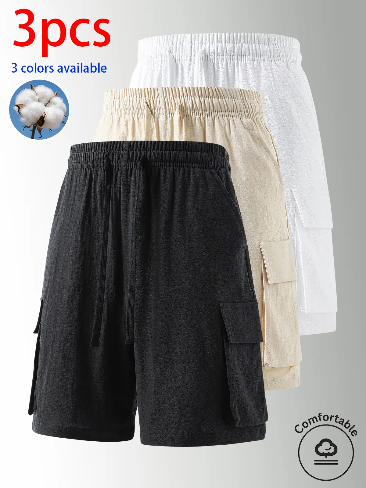 3-Pack Men’s Pure Cotton Shorts: Men’s shorts, men’s mid-thigh shorts, men’s cargo shorts.Dual large pockets design, soft and skin-friendly 100% pure cotton cargo shorts, drawstring elastic waistband that fits all body types, loose straight fit, solid col